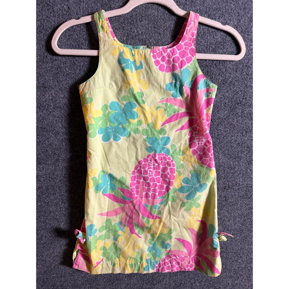 Lilly Pulitzer Girls Tropical Pineapple Floral Shift Dress Bows Sz 7